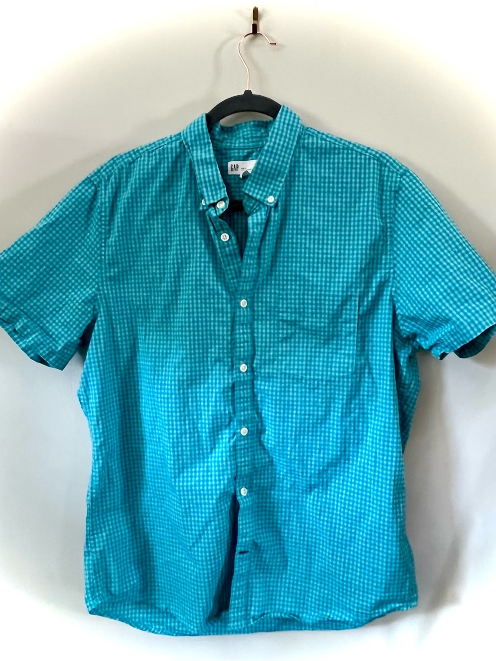 GAP Men's Short Sleeve Cotton Poplin Button-Down Shirt - Teal gingham